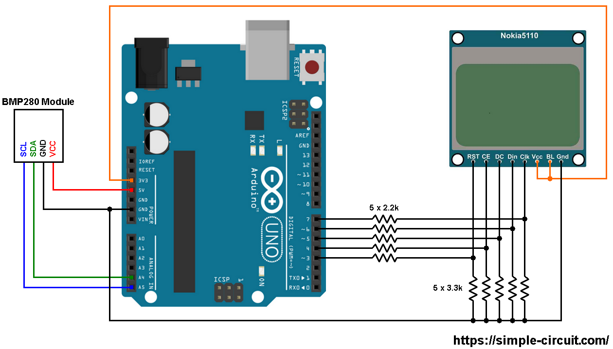 Arduino with nokia 5110 lcd and bmp280 sensor simple circuit